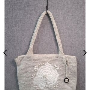 THE SAK Fifth Ave New York..Woven Cream Crochet Tote Bag with Floral Applique